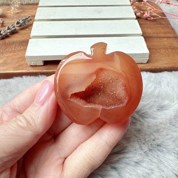 Cute Small Carnelian with Druzy Apple Carving - Picture 1 of 5